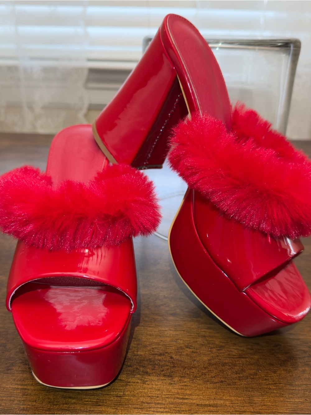 Bold Red Platform Heel Vegas Wedding Mule Slide Sandals with Faux Fur Trim